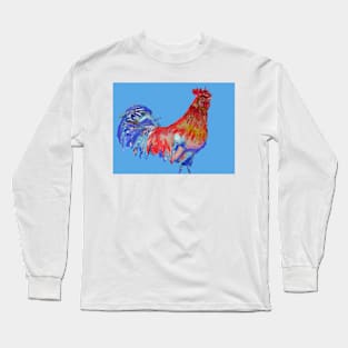 Rooster Watercolor Painting Blue Long Sleeve T-Shirt